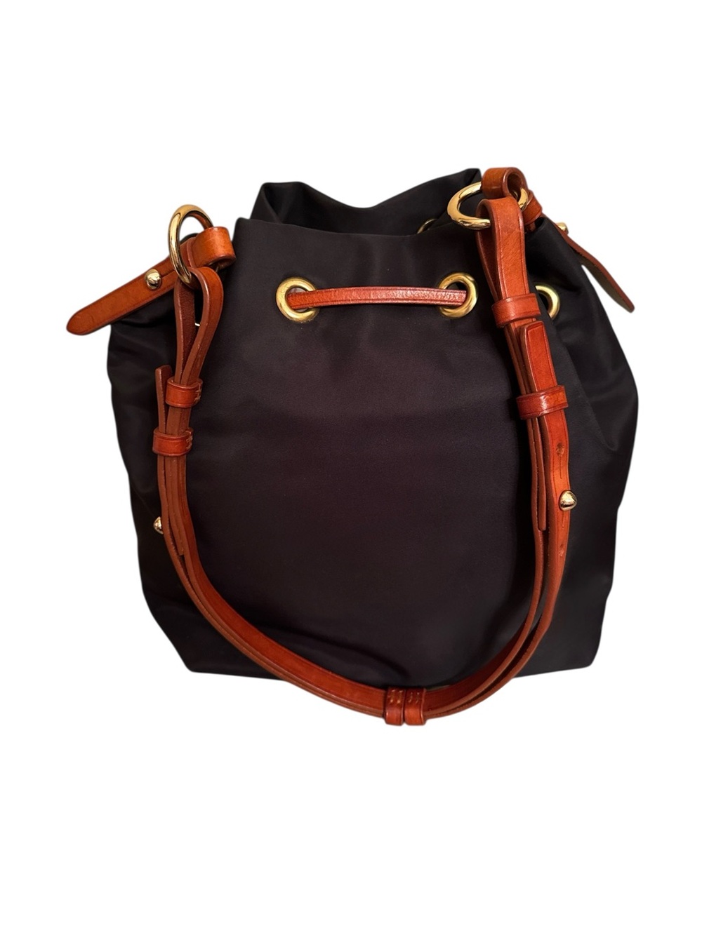 Dooney & Bourke Black Nylon Drawstring Bucket Bag w/ Cognac Leather Trim | EUC - Picture 4 of 12